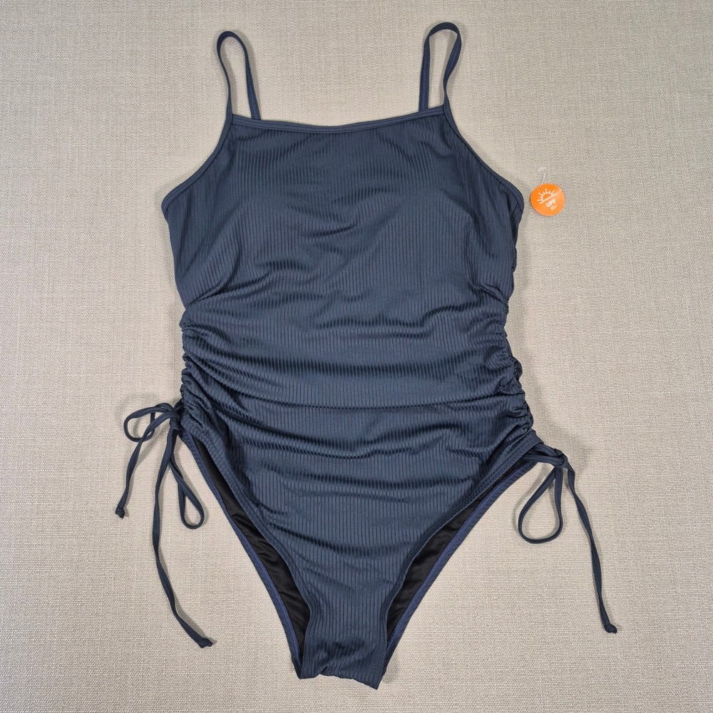 Charmo Navy Blue Ribbed One Piece Swimsuit Tummy Control Ruching Cutout XL